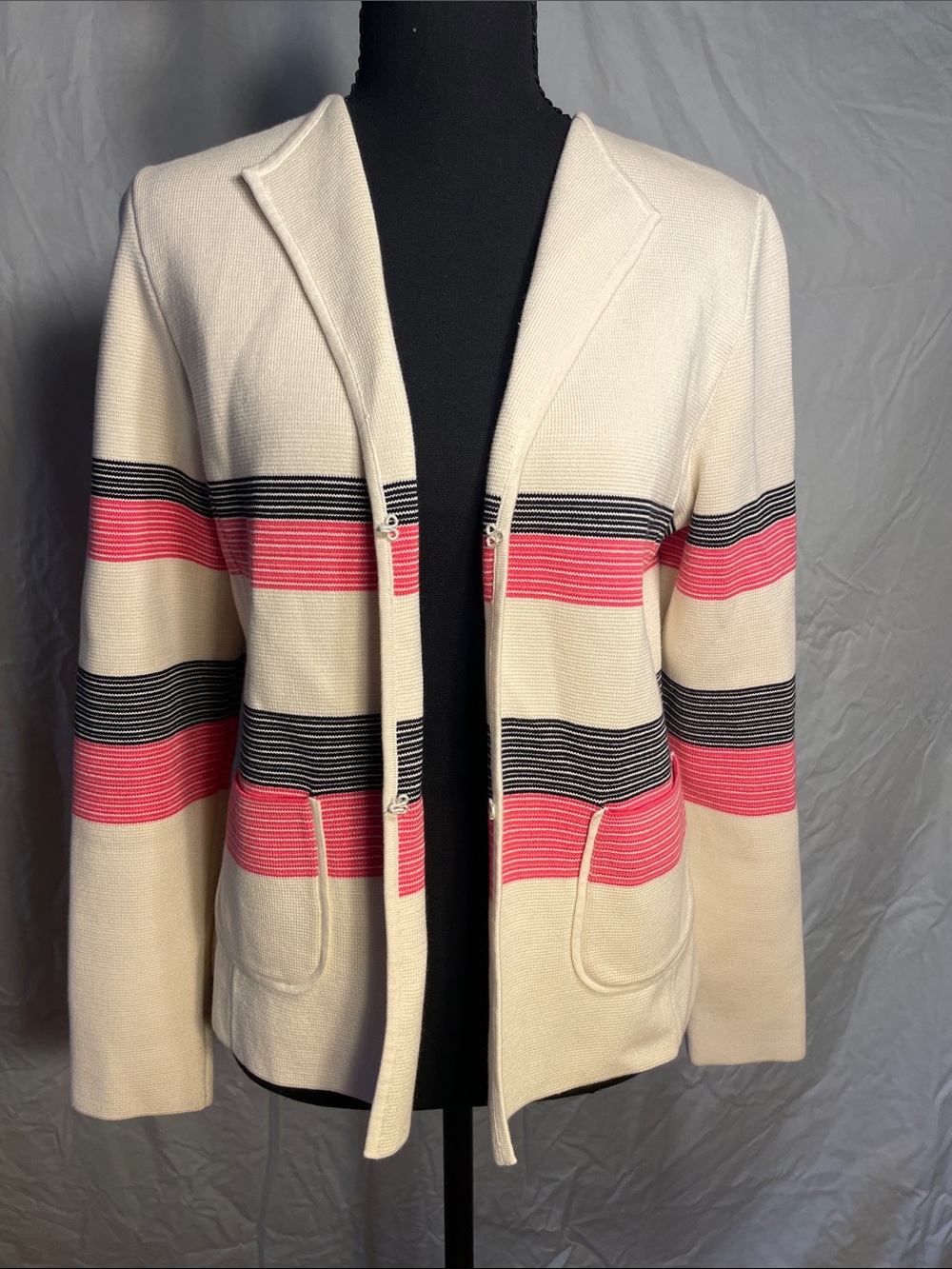 Talbots Cream Knit Blazer with Pink and Black Stripes